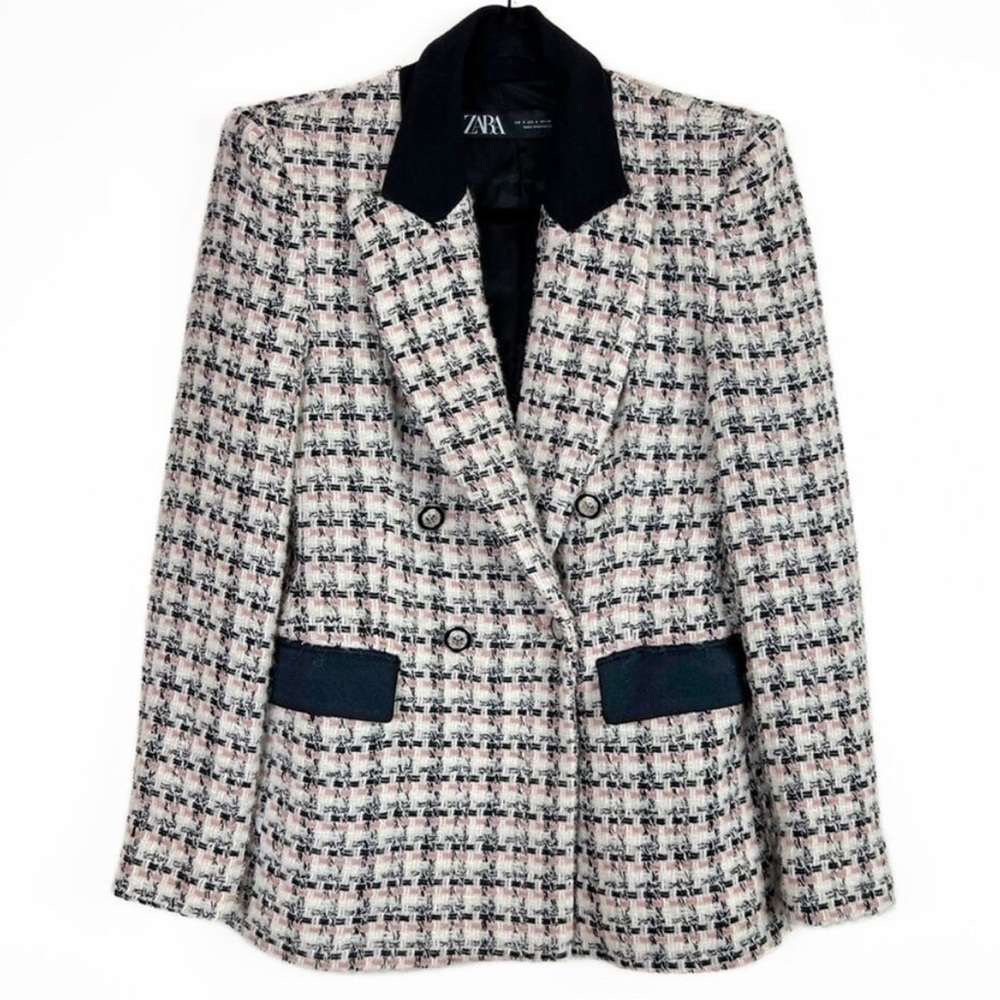 Zara Textured Plaid Double-Breasted Blazer